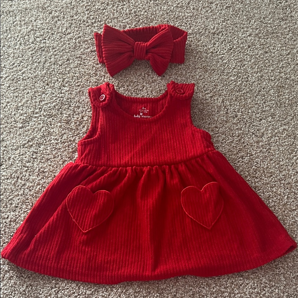 1324. Baby Starters - 6 Month Red Ribbed Heart Dress with Matching Headband